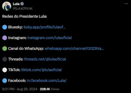 Com impasse entre Alexandre de Moraes e Elon Musk no X, Lula divulga perfis em outras redes sociais